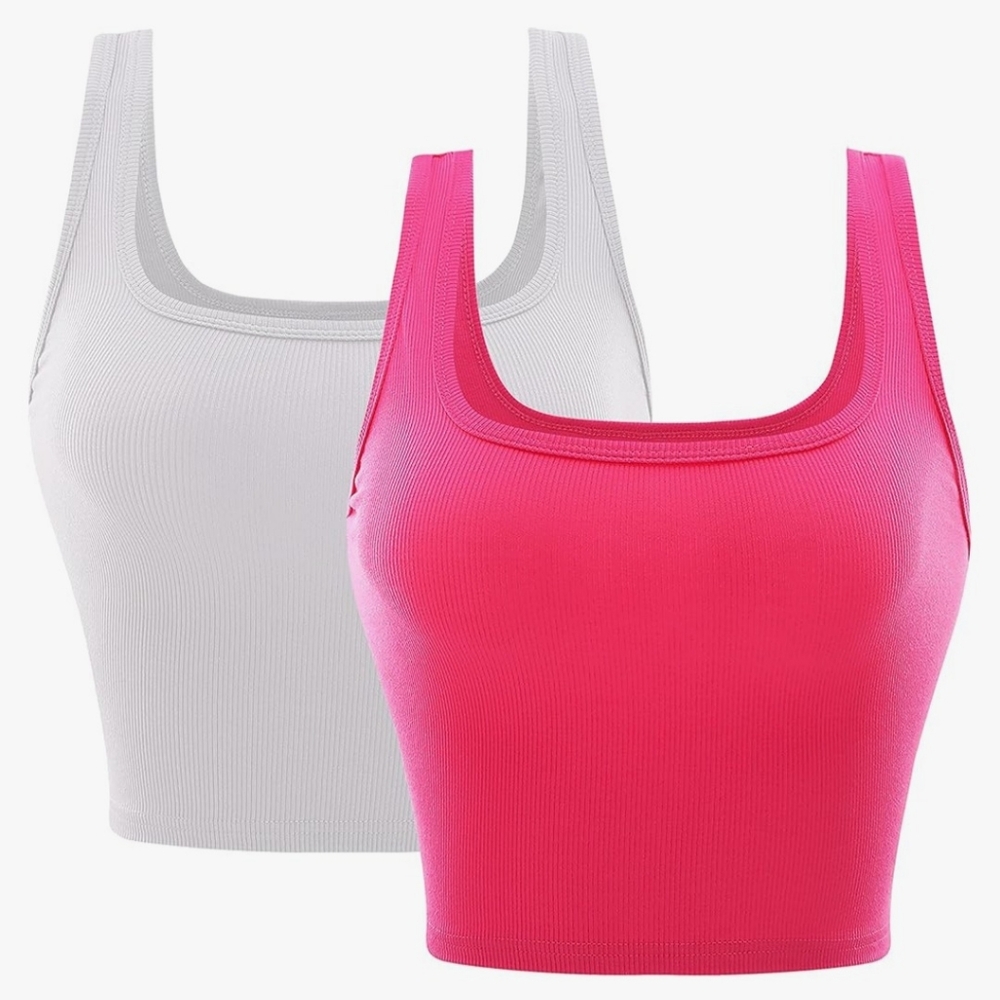 Set Of 2 Ribbed Women's Crop Top White And Hot Pink Large Size